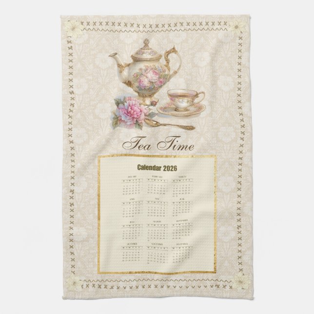 2026 Calendar Towel Tea Time or Custom Message Geschirrtuch (Vertikal)