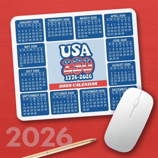 2026 Calendar - USA 250 Red White Blue Mousepad (2026 Calendar on a Mousepad)