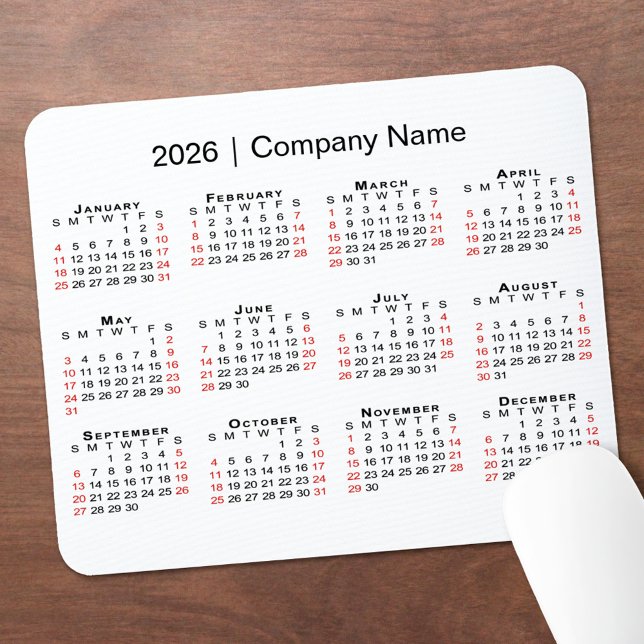 2026 Calendar with Company Name on White Mousepad (2026 Calendar with Company Name on White Mouse Pad, in situ)