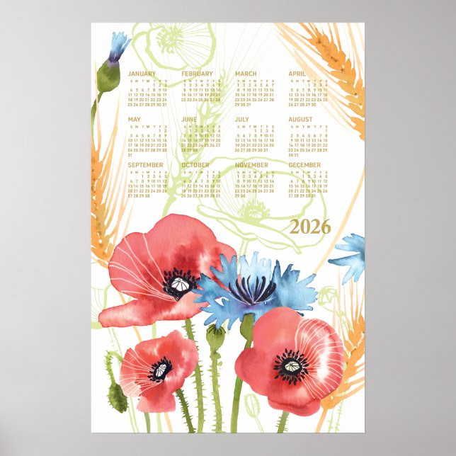 2026 Calendrier Poster aquarelle Poppy (Devant)