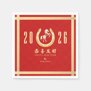2026 Chinesisches Neujahr des Pferdes in Rot und G Serviette