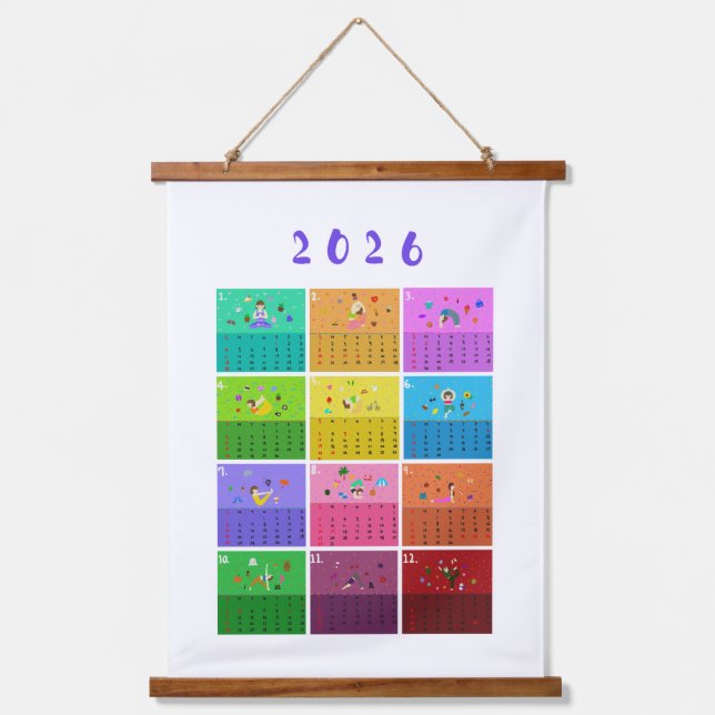 2026 Cute Cartoon Yoga Poses Calendar, Health  Wandteppich Mit Holzrahmen (Vorderseite)