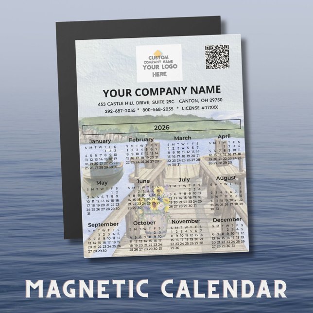 2026 Dock Water Magnet Calendar Business Logo QR (Créateur téléchargé)