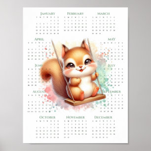 2026 Ein-Seiten-Kalender Süßes Eichhörnchen auf Sc Poster