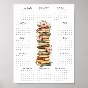 2026 Ein-Seiten-Kalender Vintage-Bücher & rosa Ros Poster