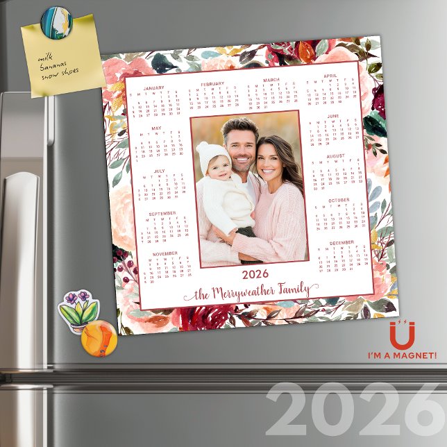 2026 Elegantes Blush Foto Magnetic Calendar Magnetkarte (2026 Elegant Blush Floral Photo Magnetic Calendar)