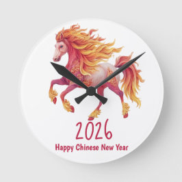 2026 Fiery Horse – Happy Chinese New Year Runde Wanduhr