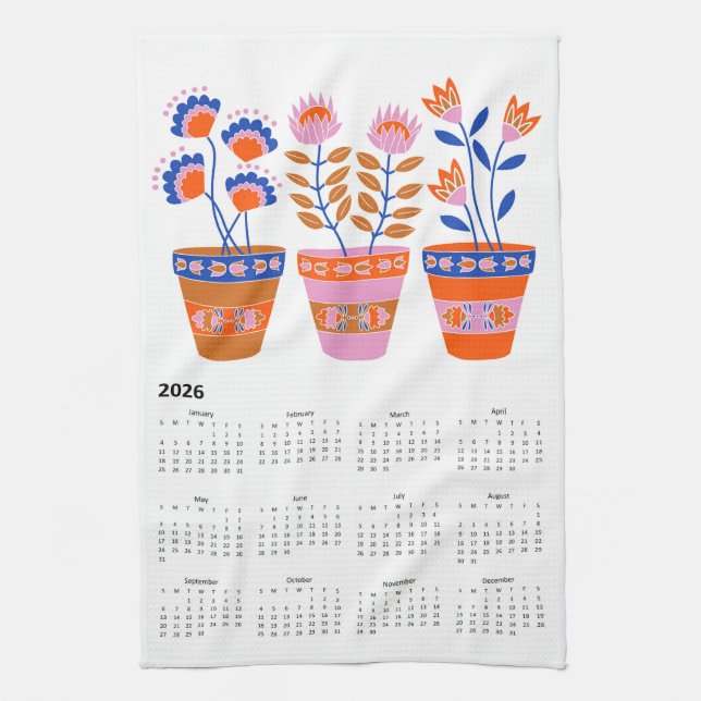 2026 Folk Art Blume Pot Calendar Geschirrtuch (Vertikal)