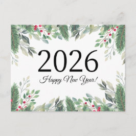 2026 Frohes neues Jahr, Feriengrün rote Beeren Postkarte
