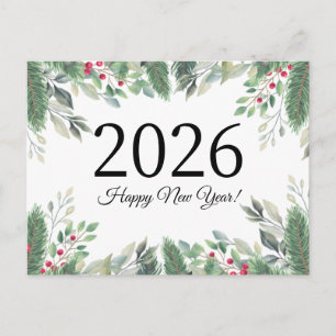 2026 Frohes neues Jahr, Feriengrün rote Beeren Postkarte