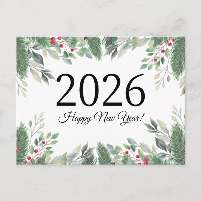 2026 Frohes neues Jahr, Feriengrün rote Beeren Postkarte (Vorderseite)