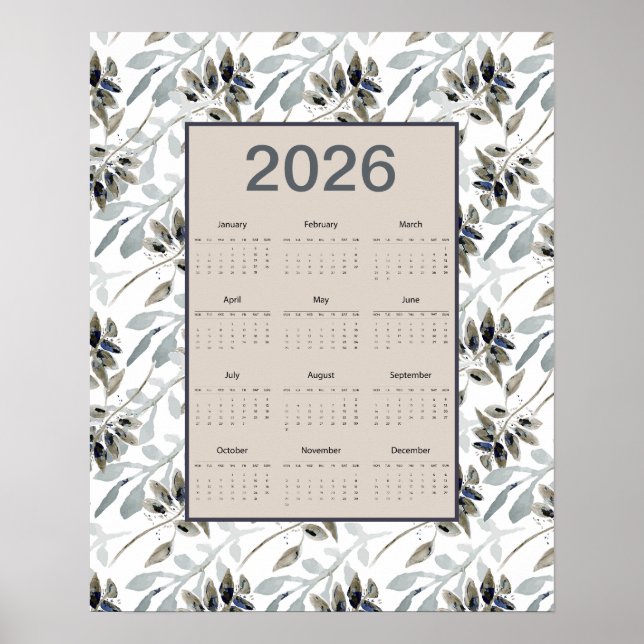 2026 Full Year Calendar Leaves Botanical Poster (Vorne)