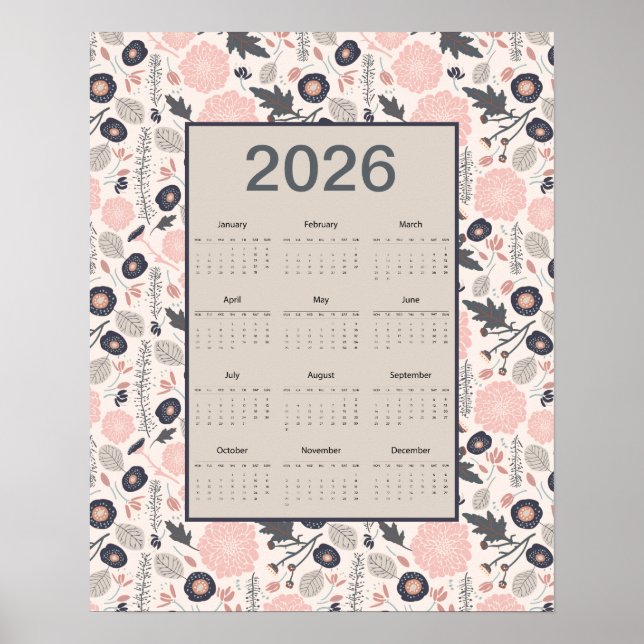 2026 Full Year Calendar Pink Gray Botanical Poster (Vorne)