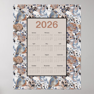 2026 Ganzjahres-Blaues-Vogel-Kalender mit Blumenmu Poster