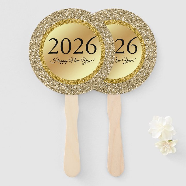 2026 glückliches neues Jahr: goldmetallische Glitz Fächer (Vorne und Hinten)