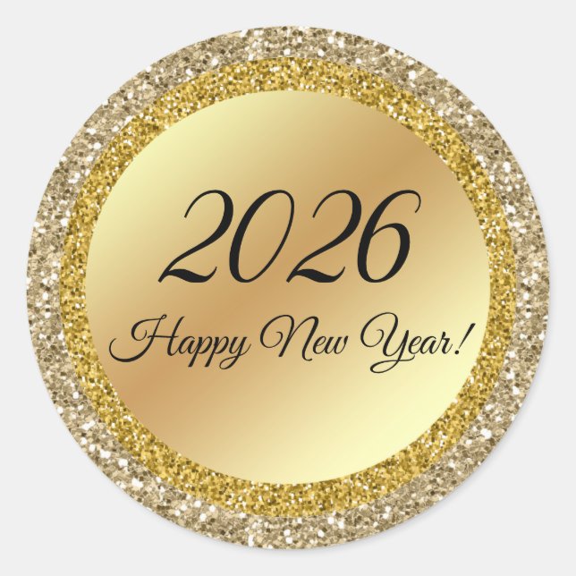 2026 glückliches neues Jahr: goldmetallische Glitz Runder Aufkleber (Vorderseite)