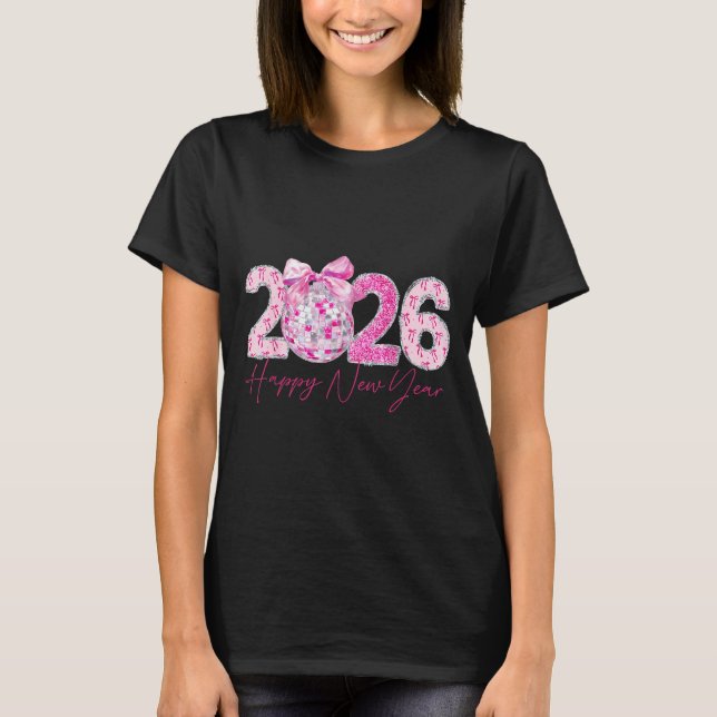 2026 Happy New Year Bow Patch Disco Ball  T-Shirt (Vorderseite)