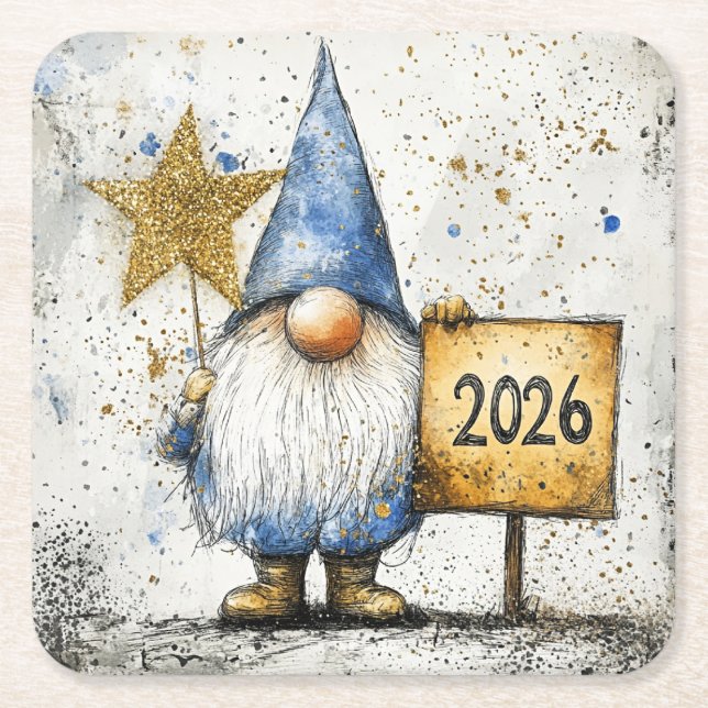 2026, Happy New Year, gnome, Rechteckiger Pappuntersetzer (Vorderseite)