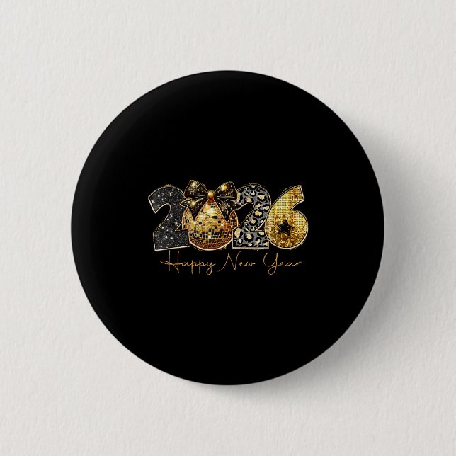 2026 Happy New Year Gold Disco Leopard Bow Coquett Button (Vorderseite)
