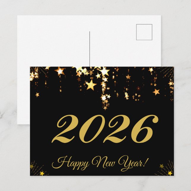 2026,Happy new year!goldene Sterne & schwarzer Hin Postkarte (Vorne/Hinten)
