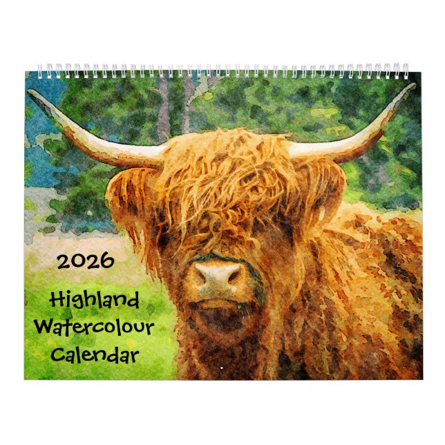 2026 Highland Cow Cattle Cute Watercolor Paintings Kalender (Titelbild)