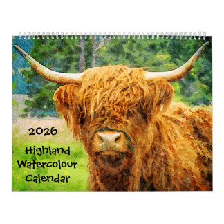 2026 Highland-Rind-Vieh Süße Aquarell-Gemälde Kalender
