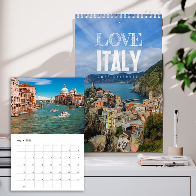 2026 Italien Kalender (Italy 2026 wall calendar cover showing sunlit Italian villages, coastal views, and landscapes)