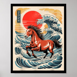 2026 Jahr des Pferdes Japanische Wellkunst Mondneu Poster