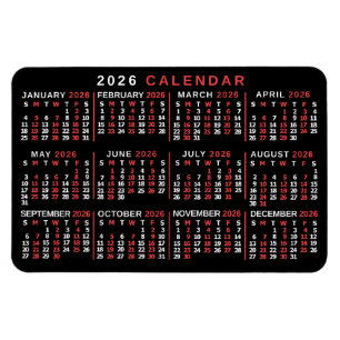 2026 Jahres-Monats-Kalender Klassisch Schwarz Rot Magnet