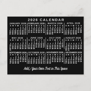 2026 Jahres-Monats-Kalender Klassisch Schwarz und Postkarte