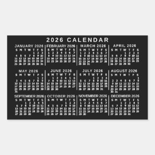 2026 Jahres-Monats-Kalender Klassisch Schwarz und  Rechteckiger Aufkleber