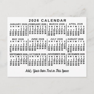 2026 Jahres-Monats-Kalender Klassisch Weiß und Sch Postkarte
