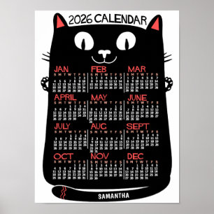 2026 Jahres-Monats-Kalender Mid-Century Schwarze K Poster