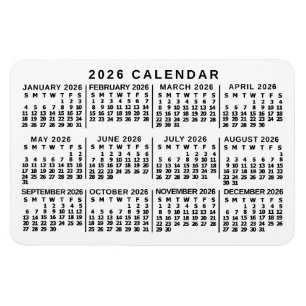 2026 Jahresmonatskalender Klassisch Weiß und Schwa Magnet