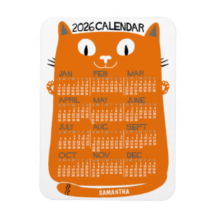 2026 Jahresmonatskalender Mid-Century Orange Katze Magnet