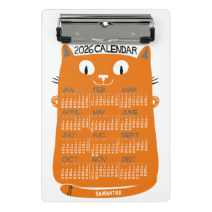 2026 Jahresmonatskalender Mid-Century Orange Katze Mini Klemmbrett
