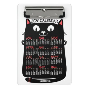 2026 Jahresmonatskalender Mid-Century Schwarze Kat Mini Klemmbrett