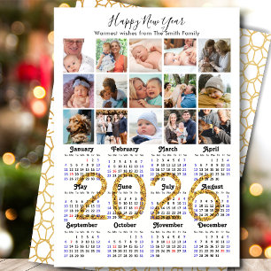 2026 Kalender 15 Foto Collage Gold Glitzer Feiertagskarte