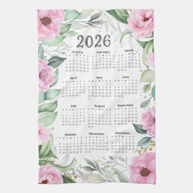 2026 Kalender Aquarell Eukalyptus Rosa Geschirrtuch (Vertikal)