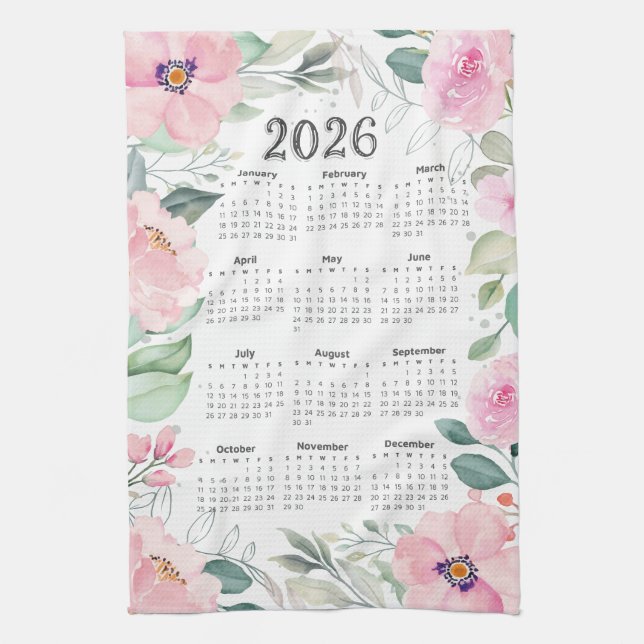 2026 Kalender Aquarellfarben Rosa Geschirrtuch (Vertikal)