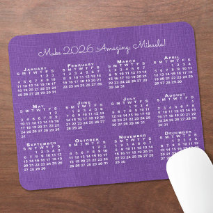 2026 Kalender Benutzerdefinierter Name Lila Leinen Mousepad