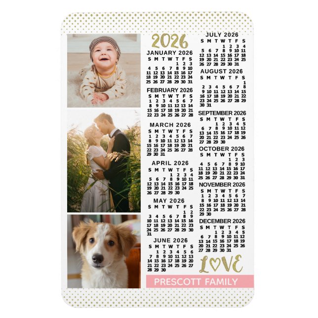 2026 Kalender Blush Pink Gold Familienfoto-Collage Magnet (Vertikal)