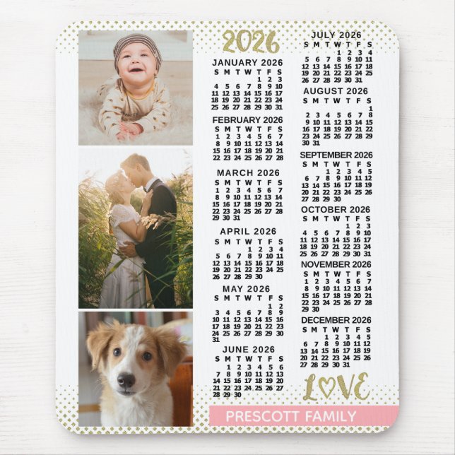 2026 Kalender Blush Pink Gold Familienfoto-Collage Mousepad (Vorne)