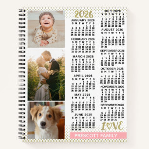 2026 Kalender Blush Pink Gold Familienfoto-Collage Notizbuch