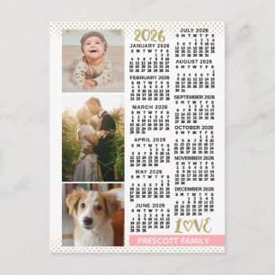 2026 Kalender Blush Pink Gold Familienfoto-Collage Postkarte