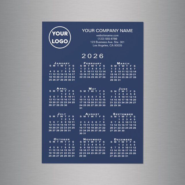 2026 Kalender Business Logo Text Navy Magnet Card (2026 Calendar Business Logo Text Navy Magnet Card, in situ)