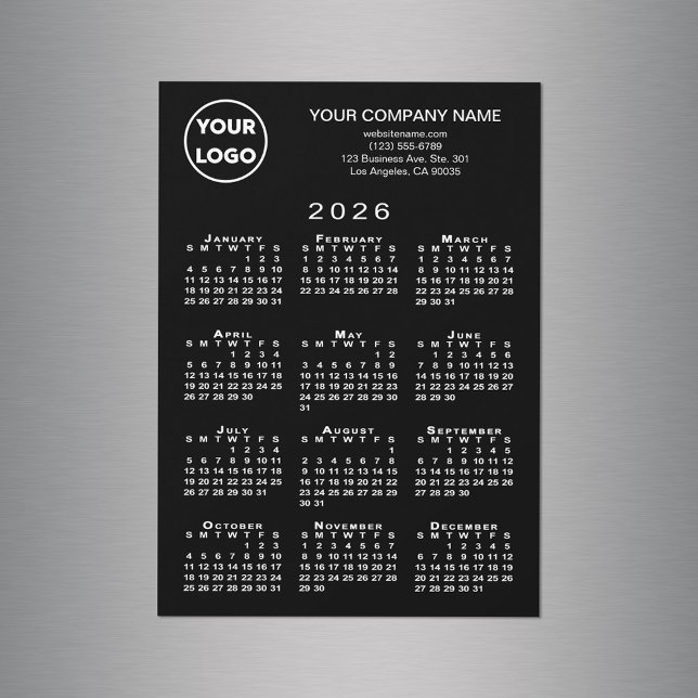 2026 Kalender Business-Logo Text Schwarze Karte (2026 Calendar Business Logo Text Black Magnet Card, in situ)