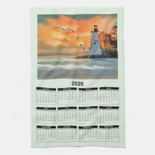 2026 Kalender eines weißen Leuchtturms bei Sonnenu Geschirrtuch