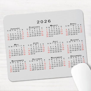 2026 Kalender Einfach Grau Schwarz Rot Mousepad