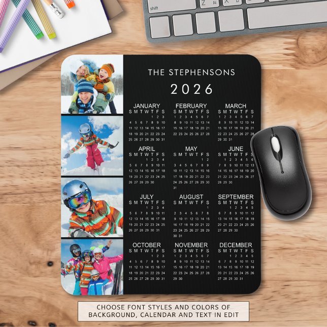 2026 Kalender Familie 4 Foto Personalisierte Farbe Mousepad (Von Creator hochgeladen)